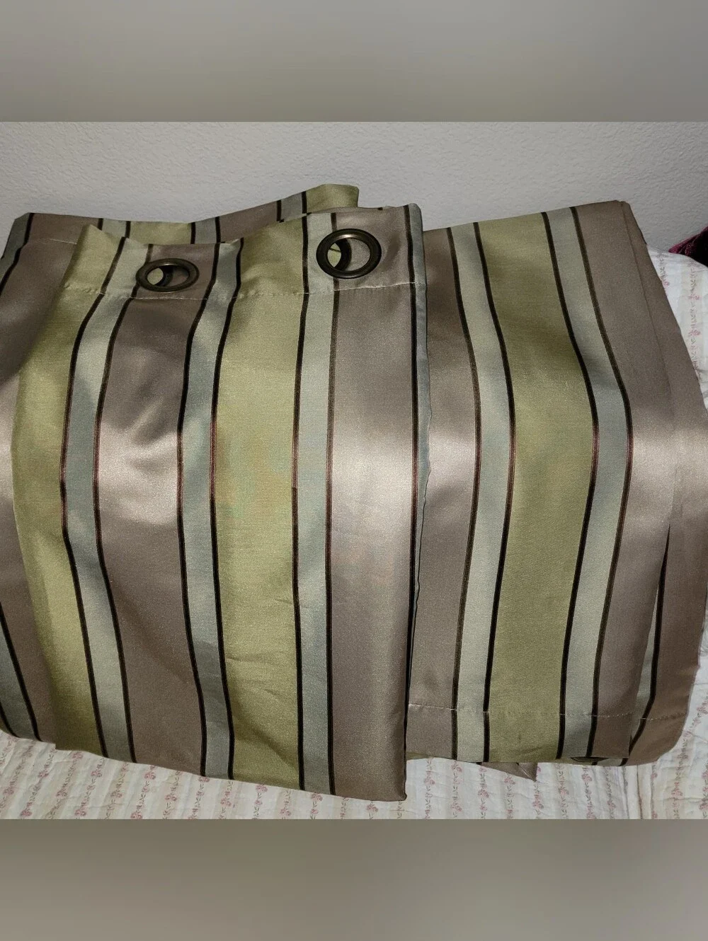 World Market Curtain Set Olive and Taupe Striped Lined 54X96